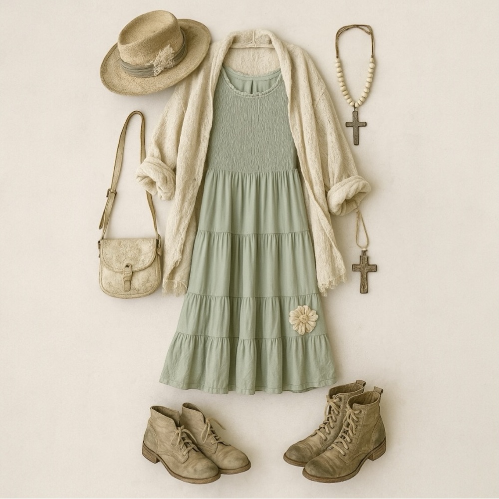 Zattcas Sage Green Smocked Puff Sleeve Tiered Midi Dress | Size Small